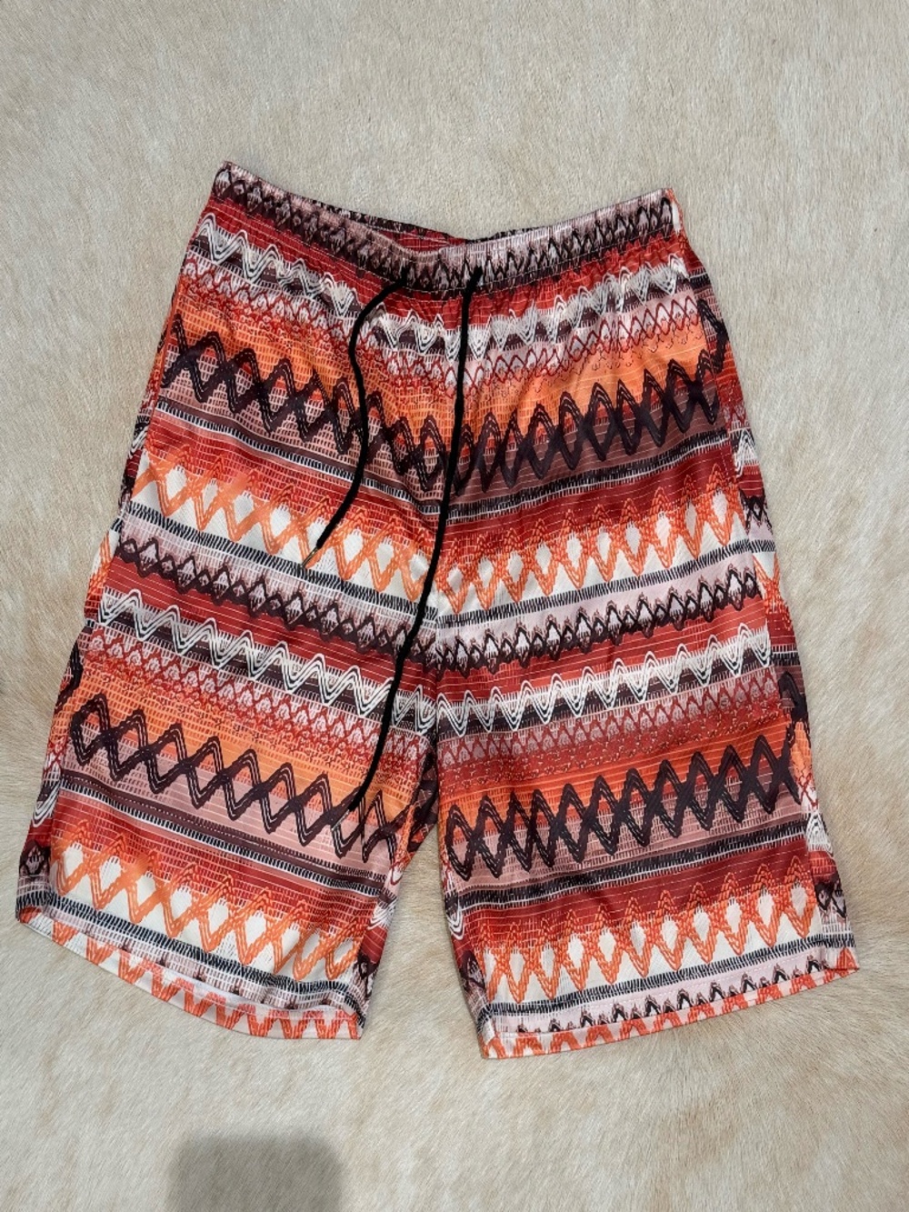 Men's Orange/Brown Aztec Shorts Elastic Waist Drawstring Sz M NWOT